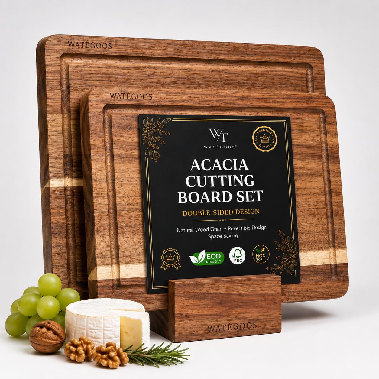 Acacia Wood Cutting Boards for Kitchen, Non-Toxic Cutting Board Set of 2, Chopping Boards with Deep Juice Groove for Meat, Cheese & Vegetables - Eco-Friendly & Medium & Small Sizes