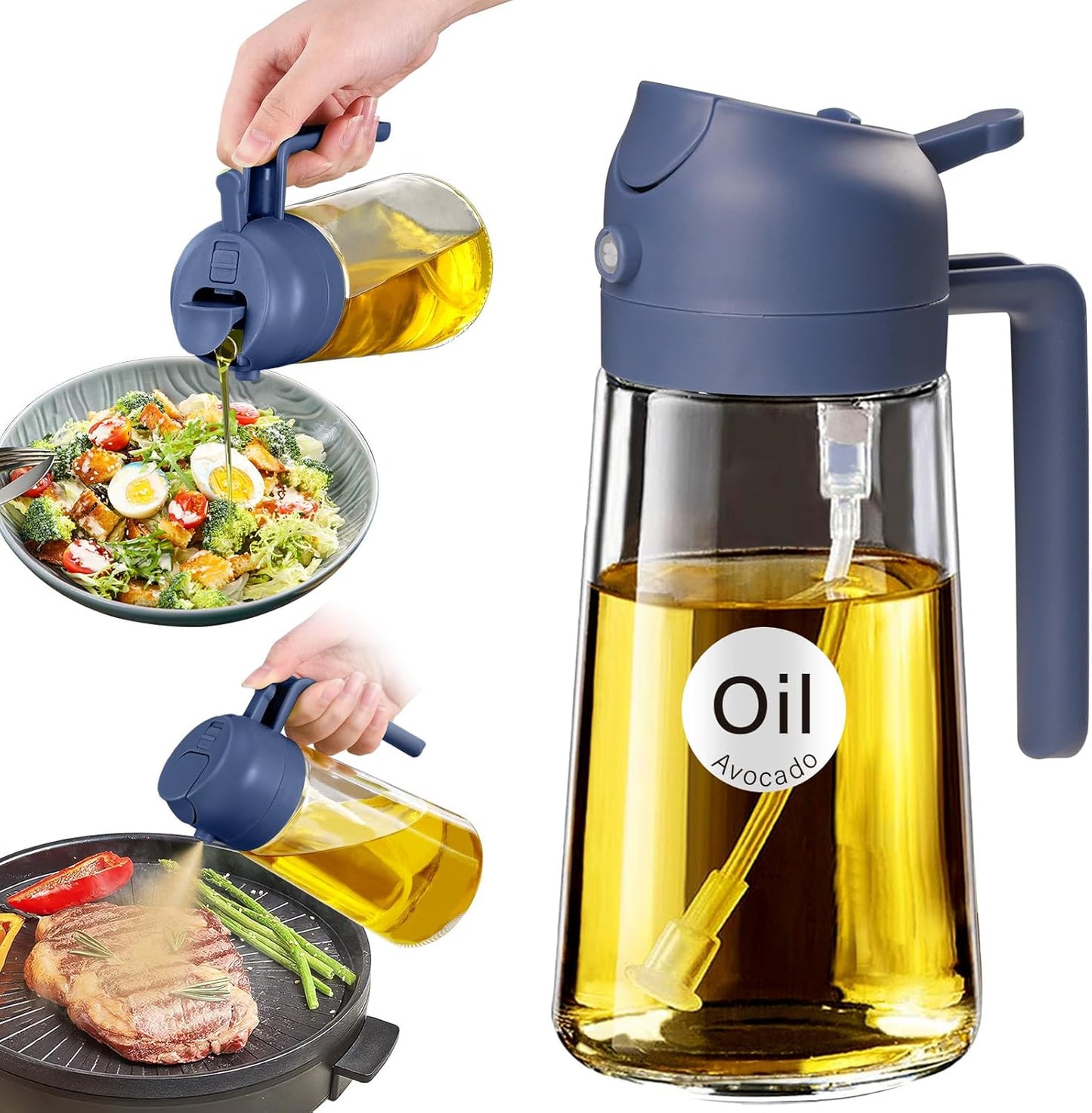YARRAMATE 16oz/470ml Glass Olive Oil Sprayer for Cooking with Stickers, 2 in 1 Oil Dispenser for Kitchen Gadgets, Food Grade Premium Spray Bottle for Salad, Frying, BBQ (Creamy White)