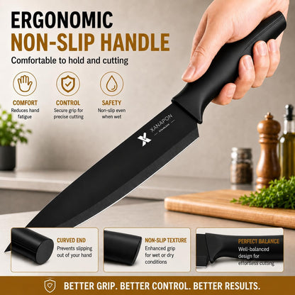 XANAPON 19-Piece Black Kitchen Knife Set with Block and Built-in Sharpener, High Carbon Stainless Steel Chef Knives Set for Kitchen with 8 Steak Knives, Ergonomic Handles, Perfect Housewarming Gift