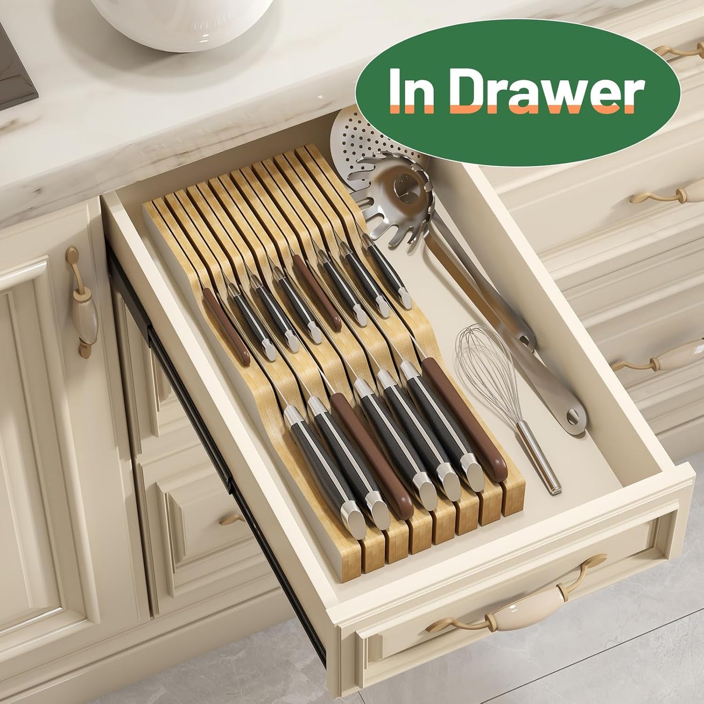 Knife Drawer Organizer Insert, Bamboo Wood Knife Holder, Knife Block Holds Up To 11 Knives