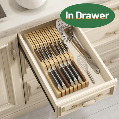 Knife Drawer Organizer Insert, Bamboo Wood Knife Holder, Knife Block Holds Up To 11 Knives
