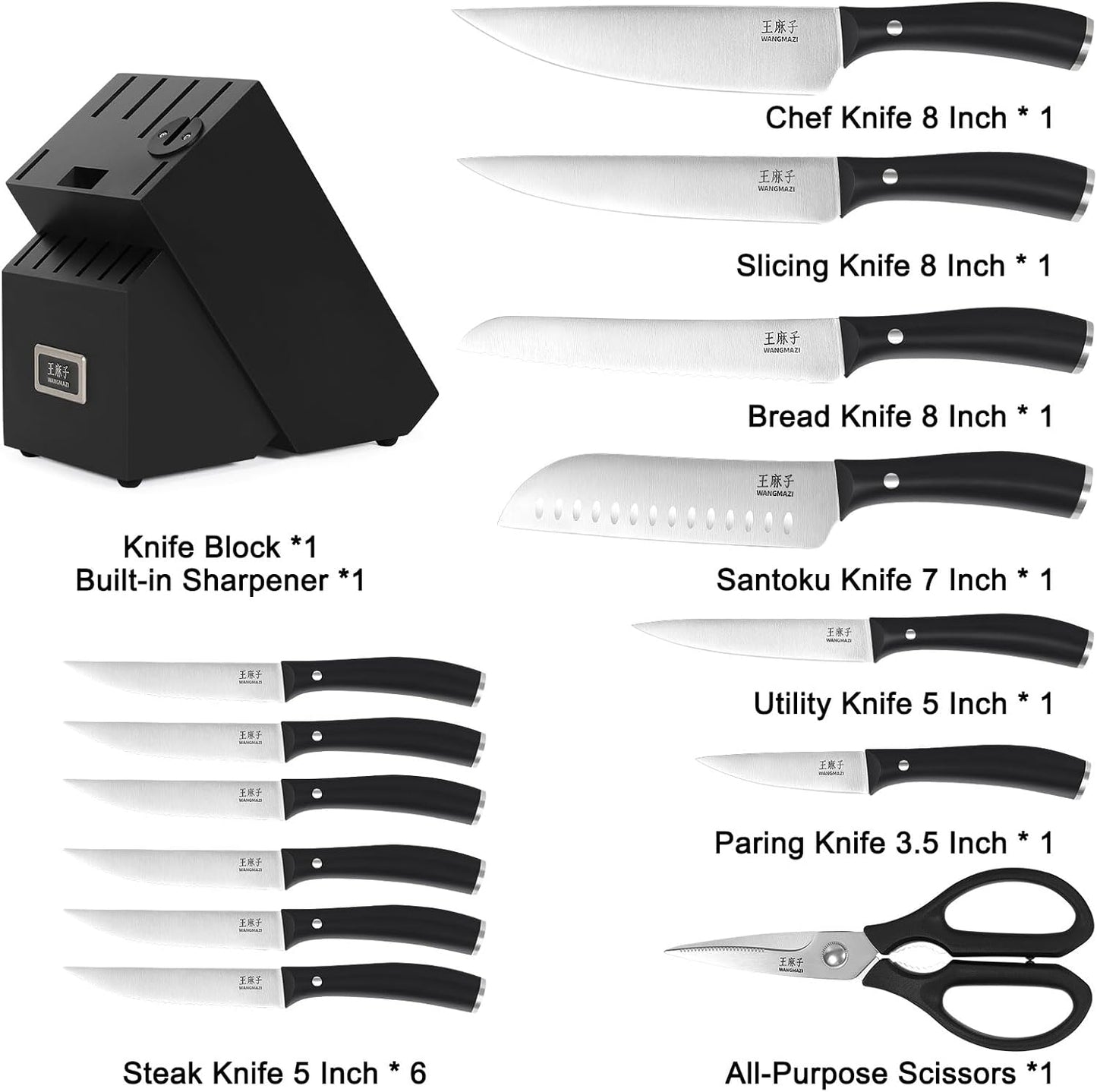 WANGMAZI Knife Set, 15 Pcs Knife Block Set with Built-in Sharpener, High Carbon Stainless Steel Kitchen Knives, Japanese Stainless Steel Knives, Home Essentials Perfect for Gifts, Natural Pro
