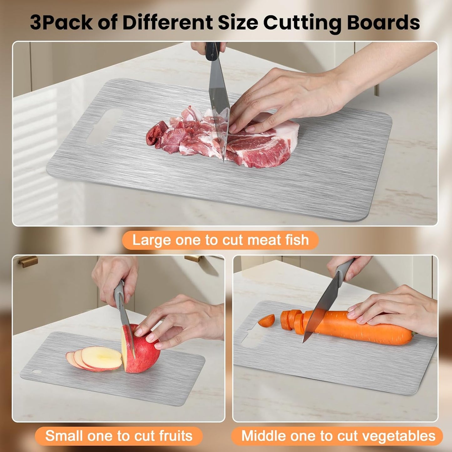 ZPUFAW 3Pcs Cutting Boards for Kitchen 304 Food Grade Stainless Steel, Large-Small Titanium Cutting Board for Cutting Fruit, Meat, Fish, Vegetables, Easy Grip Handle Easy Cleaning Dishwasher Safe
