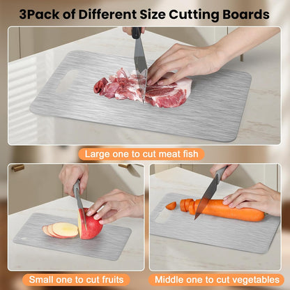 ZPUFAW 3Pcs Cutting Boards for Kitchen 304 Food Grade Stainless Steel, Large-Small Titanium Cutting Board for Cutting Fruit, Meat, Fish, Vegetables, Easy Grip Handle Easy Cleaning Dishwasher Safe
