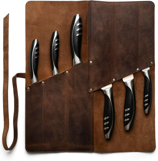 Rectangular Knife Roll with 6 Slots, Portable Knife Organizer Case, Travel Bag, Cooking Accessory, Full Grain Leather, Handmade, Bourbon Brown