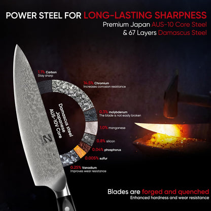 【Exclusive】 Gyuto Knife, 8 Inch Japanese Chef Knife, Handmade Forged 5-Layer VG10 High Carbon Steel, Hammered Finish Rust-Resistant Blade, Ergonomic Sandalwood G10 Handle Kitchen Knife with Gift Box