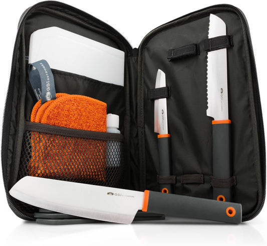 GSI Outdoors Santoku Knife Set, Compact 6-Piece Camping Chef Knife Kit with Cutting Board, Sheaths, Soap Bottle & Travel Case