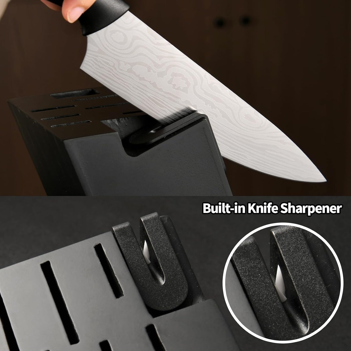 Kitchen Knife Set,14-Piece Knife Set With Block Wooden, Self Sharpening For Chef Knife Set, High Carbon German Stainless Steel Hammered Collection Knife Block Set, Dishwasher Safe Cutlery, Cream