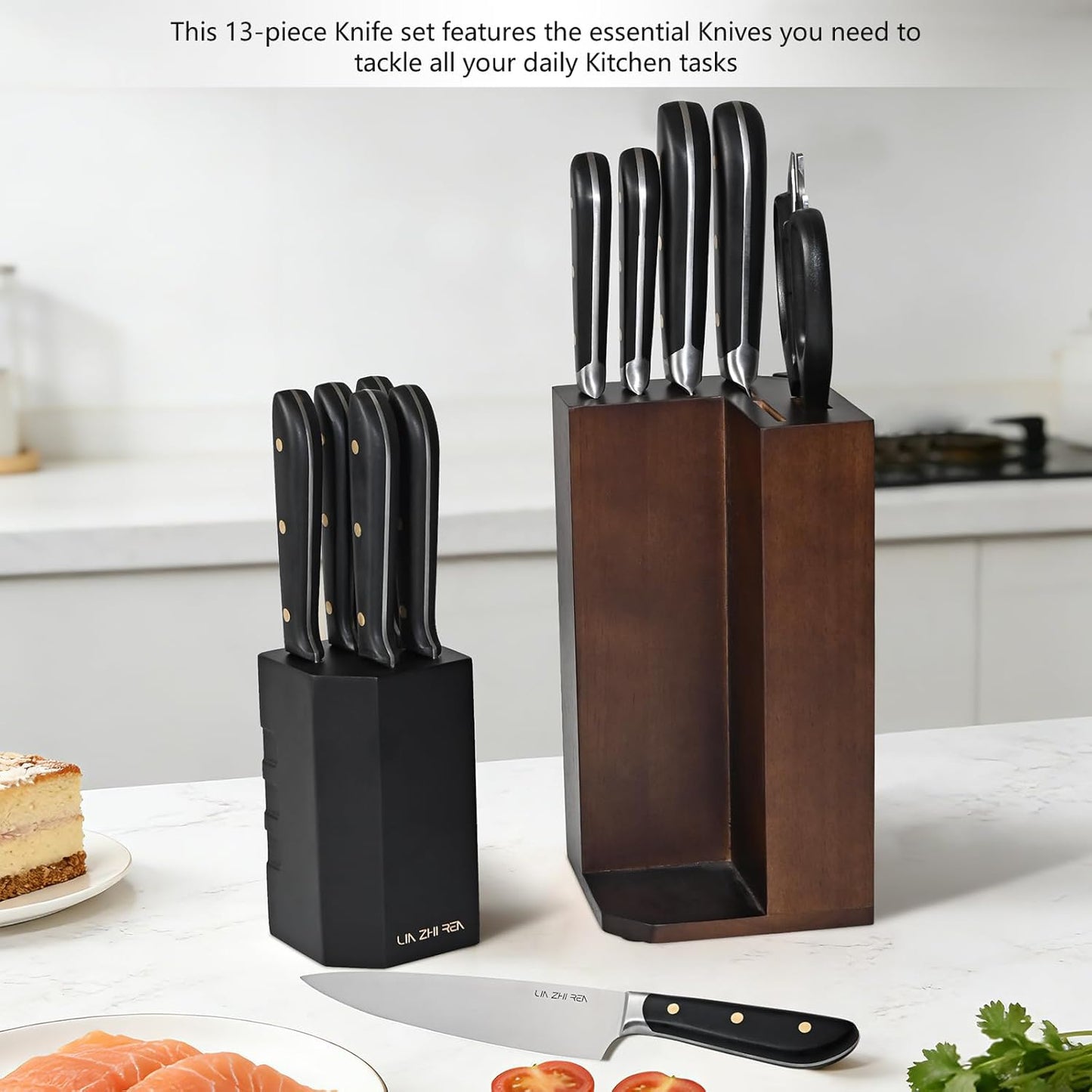 14-Piece Kitchen Knife Set with Detachable Block, High Carbon Stainless Steel Dishwasher Safe Knives, Includes Chef, Santoku, Bread, Steak Knives for Home Kitchen,White