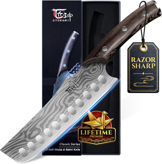 SYOKAMI Nakiri Knife, 7.2 Inch Japanese Inspired Vegetable Chef Knife with Straight Edge, Sharpened Rounded Tip, Lightweight Full Tang Kitchen Knife with Ergonomic Wood Handle, Gift for Home Cooks