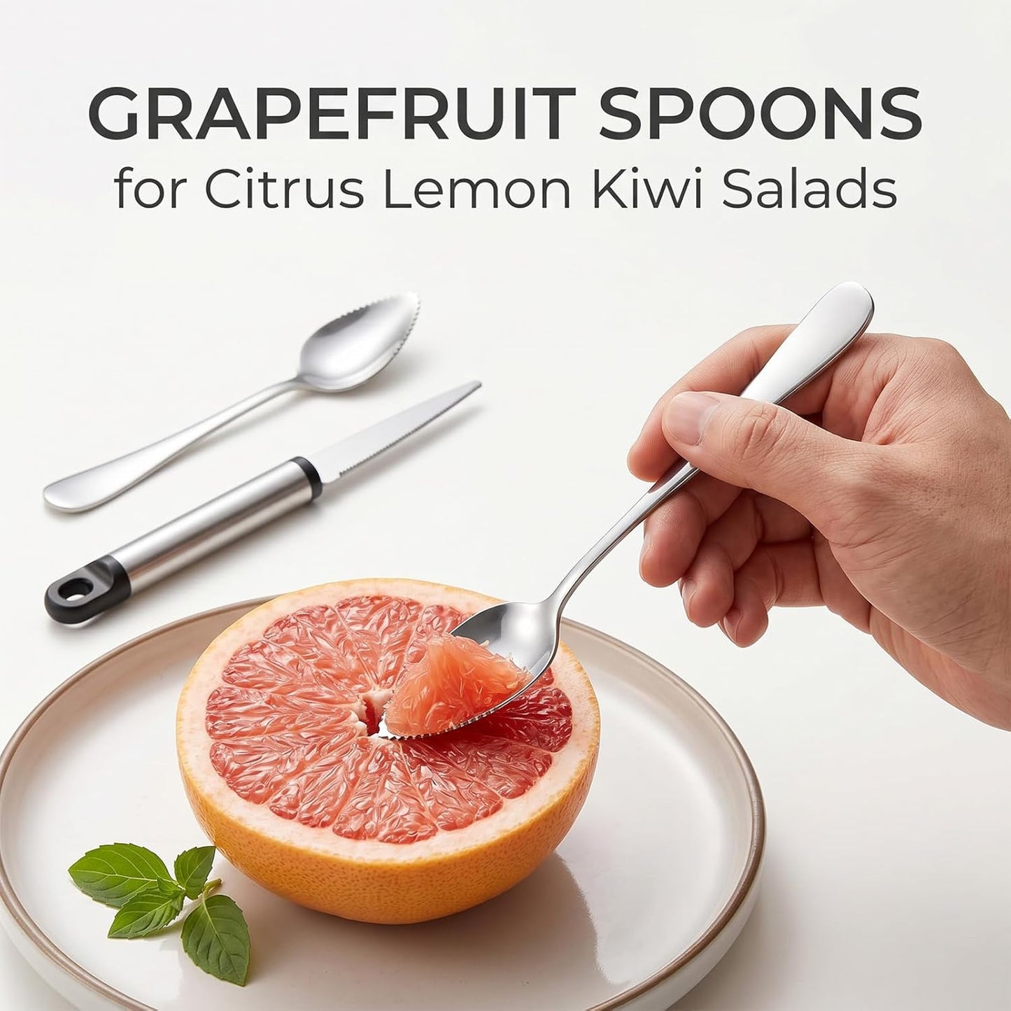6 Pcs Grapefruit Spoon Knife, Stainless Steel Grapefruit Spoons Serrated Edge Knife Grapefruit Spoon & Knife Set Dessert Spoon for Citrus Kiwi Orange Lemon Pitaya Avocado(Silver)