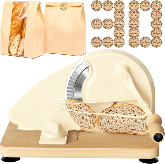 Manual Bread Slicer for Homemade Sourdough Bread with 30 Set Paper Bread Bags, Adjustable Thickness, Hand Crank Sourdough Bread Slicer with Stainless Steel Blade, Suction Cup and Guide Rail