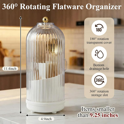 2 Pack 360° Rotating Silverware Organizer, Utensil Holder with Lid for Kitchen Counter Silverware Caddy with Drainage Dustproof Flatware Holder for Cutlery Spoon Fork(Diamond White,3 Slot)