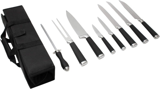 9-Piece Kitchen Knife Set in Carry Case - Ultra Sharp Chef Knives with Ergonomic Handles - Professional Japanese Chef's Knife Set with Paring, Carving, Bread, Santoku, Utility Knives, Fork, Sharpener