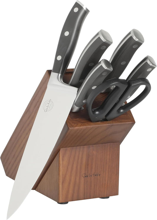 Sur La Table Kitchen Essentials Tasting Kitchen High-Carbon German Steel 7 Piece Full Tang Forged Cutlery Knife Block Set - Eggshell White W/Ashwood Block