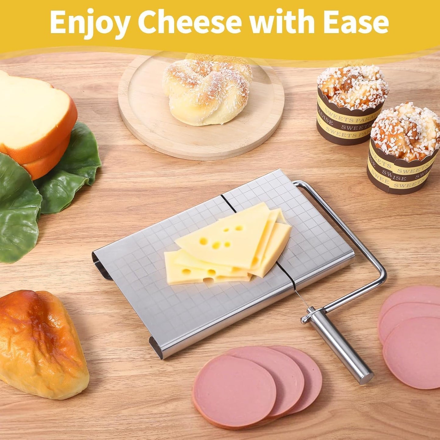 Cheese Slicer with Measuring Grids, Stainless Steel Metal Cheese Cutter and Cutting Board for Block Cheese, with 5 Replacement Extra Wires, Easy to Clean, Dishwasher Safe