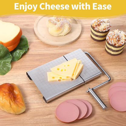 Cheese Slicer with Measuring Grids, Stainless Steel Metal Cheese Cutter and Cutting Board for Block Cheese, with 5 Replacement Extra Wires, Easy to Clean, Dishwasher Safe