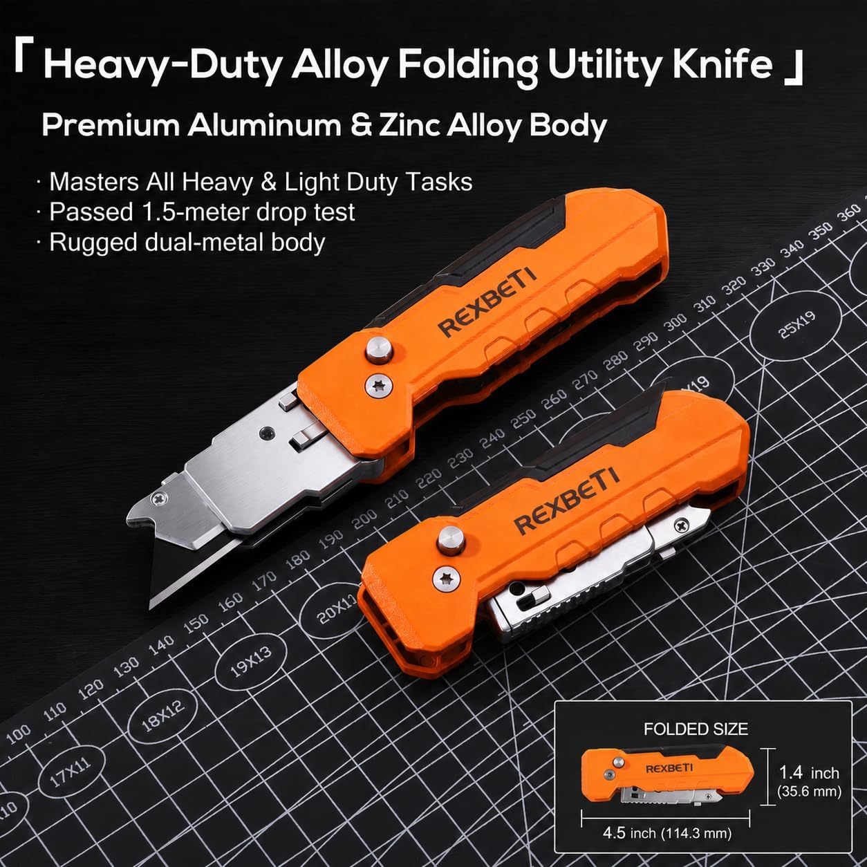 REXBETI 2-in-1 Folding Utility Knife and Scraper, Heavy-Duty Zinc Alloy Construction, Built-In Blade Storage,Retractable Blade with Safety Lock,Includes 13 SK5 Black Replacement Blades（1 pack）