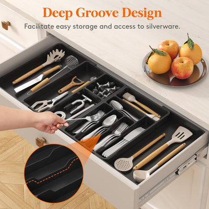 Lifewit Utensil Organizer for Kitchen Drawer, Expandable Cooking Silverware Tray, Adjustable Cutlery Flatware Holder, Plastic Spatula Tools Storage Divider, 14.4 x 15.8", Black