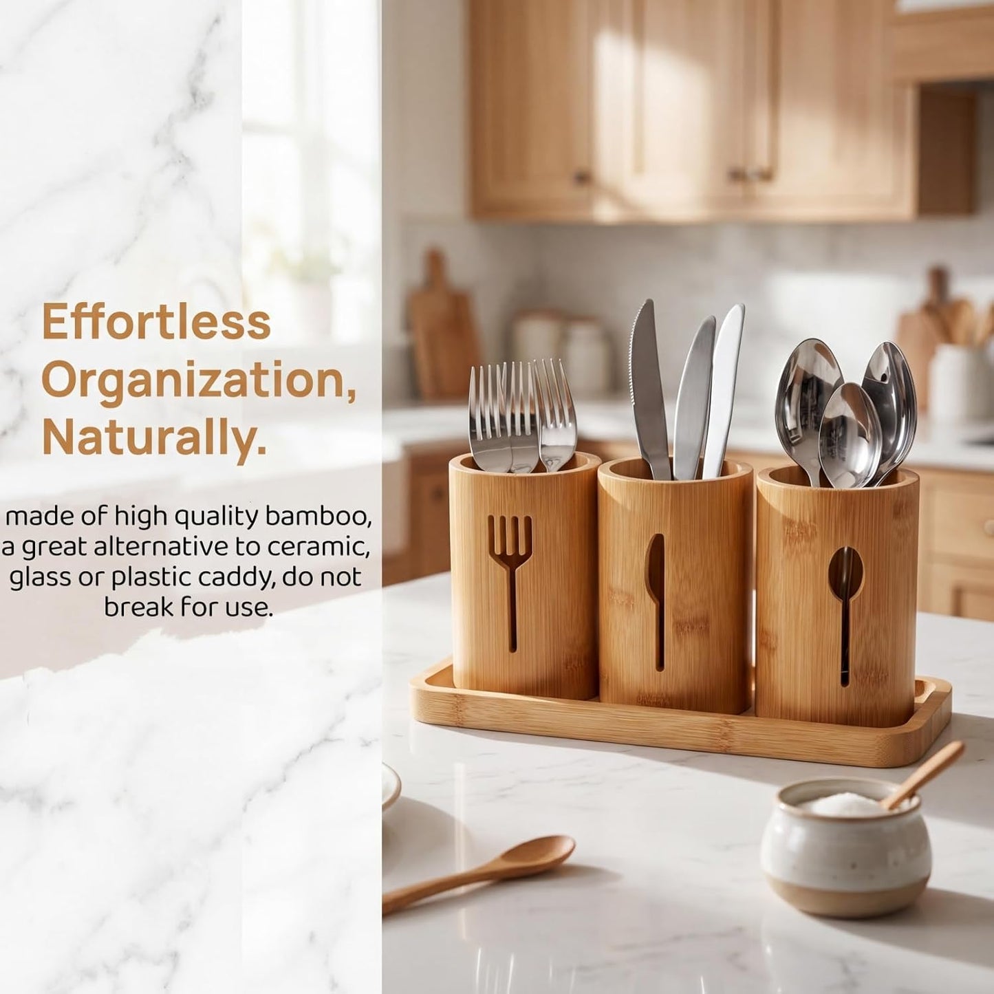 Lyellfe Silverware Holder, Bamboo Utensil Organizer with Tray, Kitchen Cutlery Flatware Holder Organizer for Spoons, Knives and Forks, Ideal for Kitchen and Restaurant