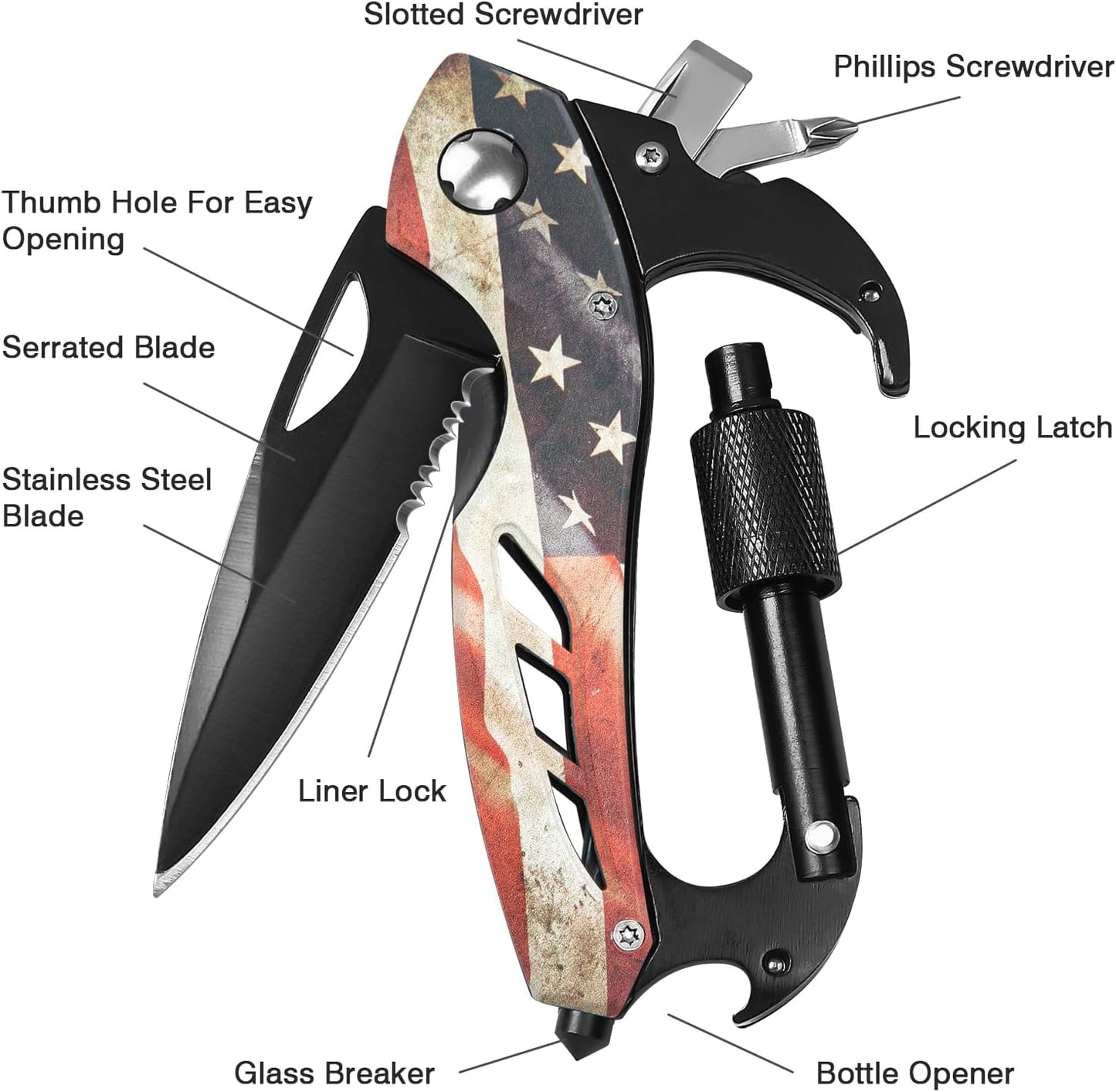 Multitool Carabiner with Pocket Knife, Stocking Stuffers Gifts for Men, EDC Carabiners with Folding Knives, Bottle Opener, Window Breaker and Screwdriver, Survival Gear for Camping Hiking