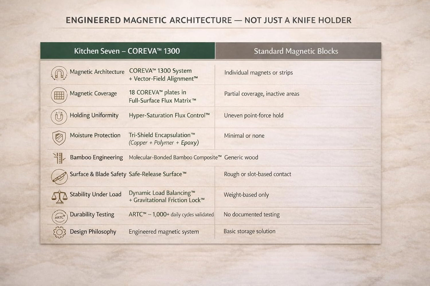 Magnetic Knife Block with 18 COREVA™ Magnetic Plates – Double Sided Bamboo Knife Holder, Engineered Full-Surface Magnetic System for All Knives & Scissors, Countertop Storage Organizer