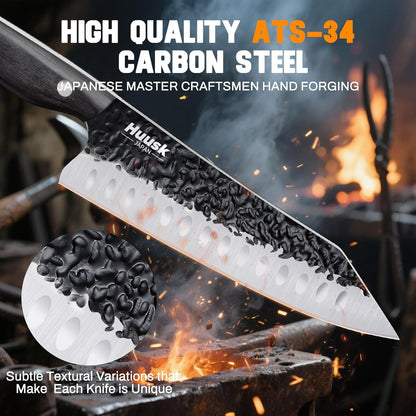 Huusk Japanese Chef Knife Set - Hand Forged Kitchen Knives for Meat Cutting - ATS-34 Carbon Steel Knives Set with Wooden Handle - Viking Cooking Knife Sets for BBQ Christmas Gift for Men and Women