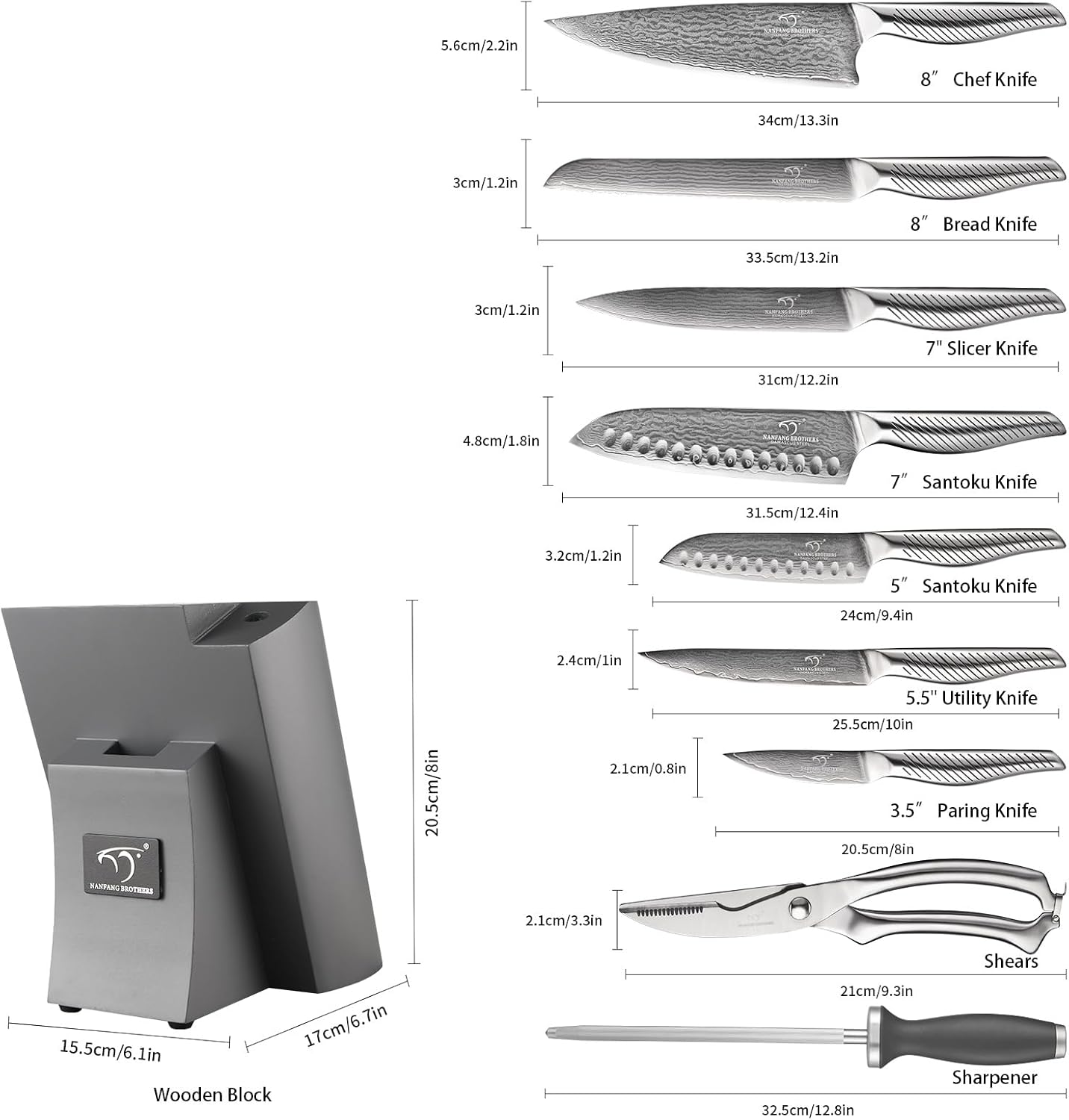 NANFANG BROTHERS® Kitchen Knife Set with Magnetic Knife Holder, 6-Piece Damascus Steel Knives & Acacia Wood magnetic Block - Includes Chef, santoku, Bread, Small Santoku, Fruit Knives