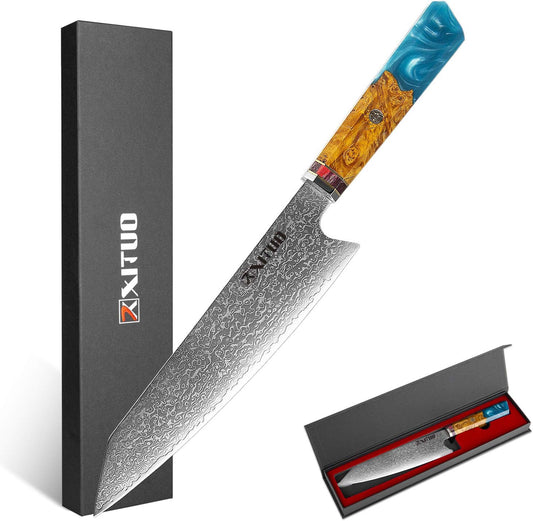 XITUO Kiritsuke Chef Knife 8 Inch, Professional Super Sharp Japanese VG10 Damascus Steel Knife – Kitchen Knife for Meat & Sushi, Octagonal Resin & Stabilized Wood Handle, Gift Box