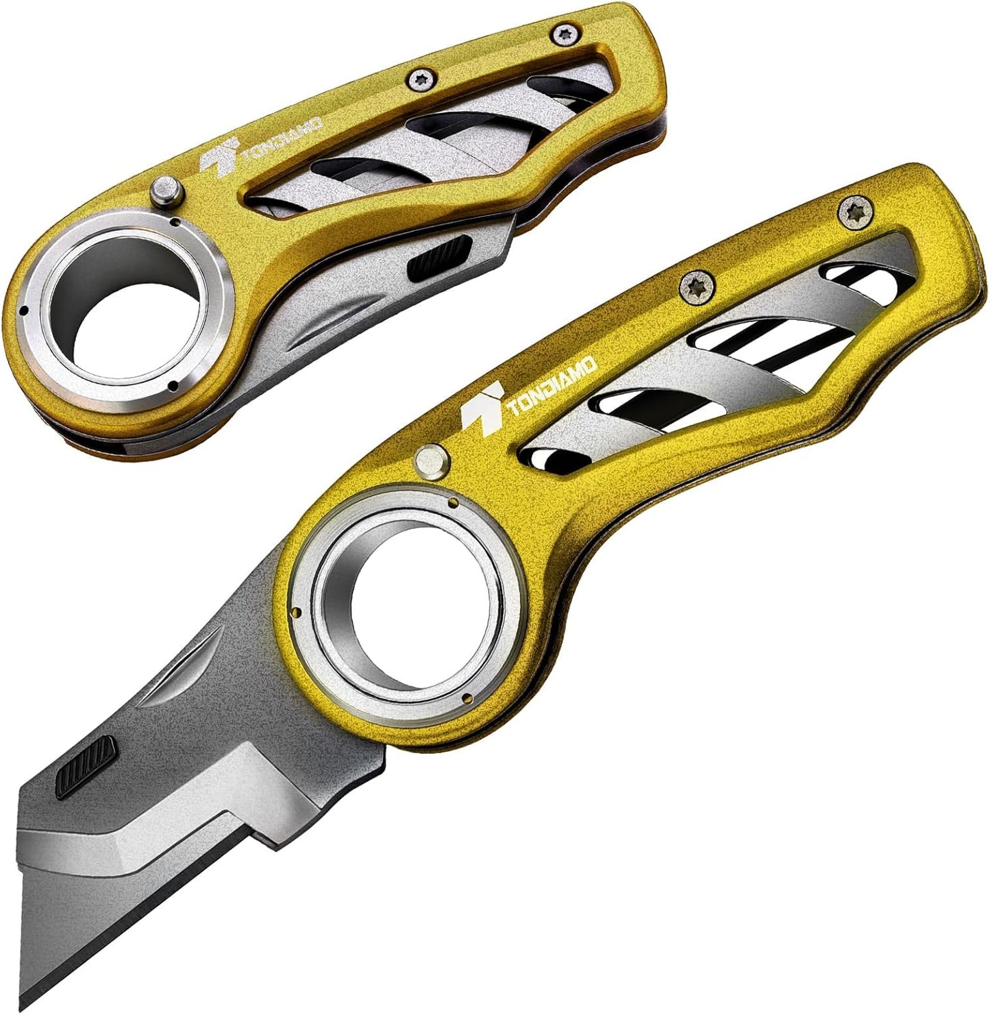Tondiamo 4 Pcs Folding Pocket Utility Knife Heavy Duty Box Cutter Folding Razor Knife with Anti Slip Finger Loop Easy Change Blades 3 Lock Positions Design (Yellow,Red,Black,Green)