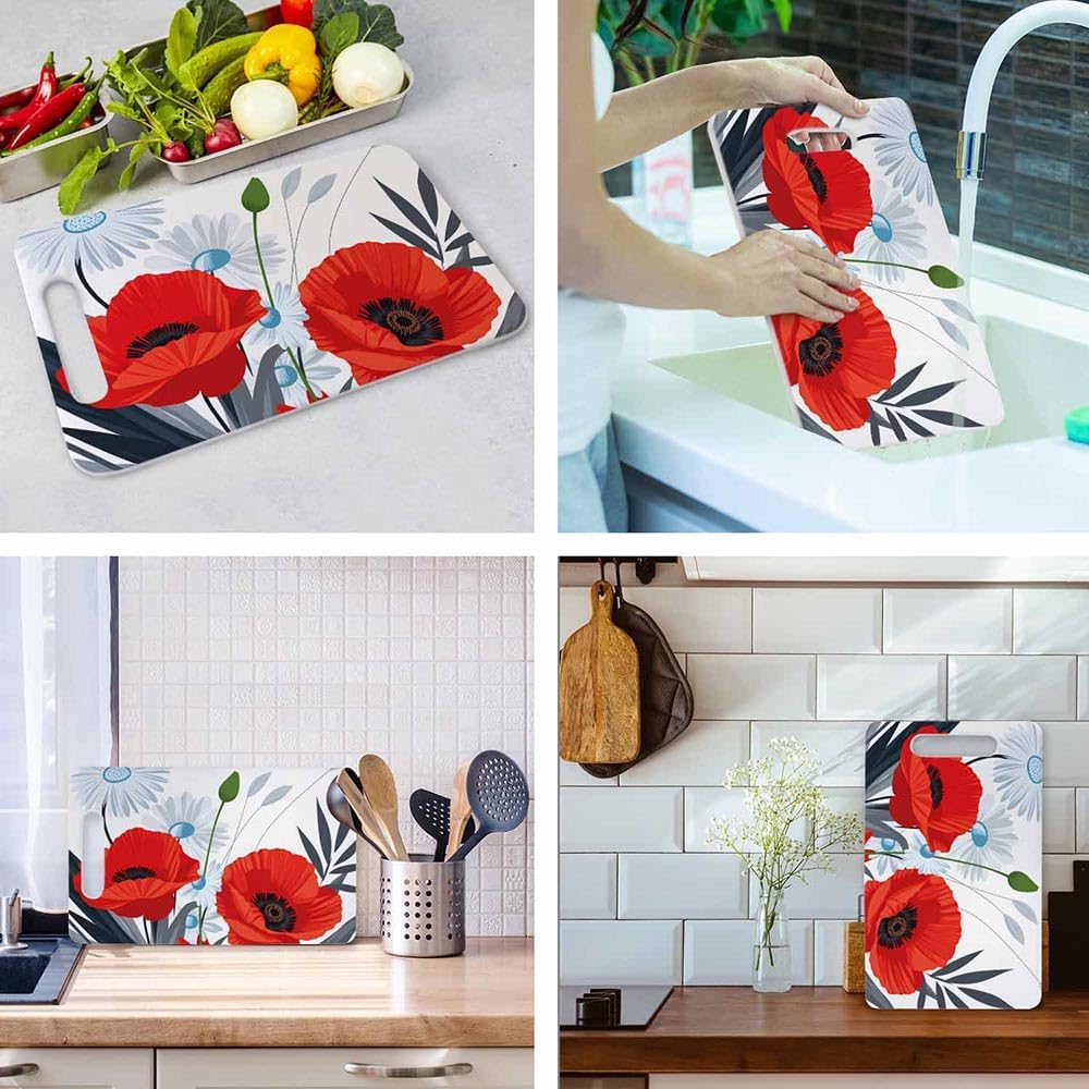 Coffee Set Cutting Board with Handles Coffee Maker Muffin Cup Flower Hot Drink Love Cutting Boards Plastic Safe Chopping Board for Kitchen 16" x 10" x 0.24"
