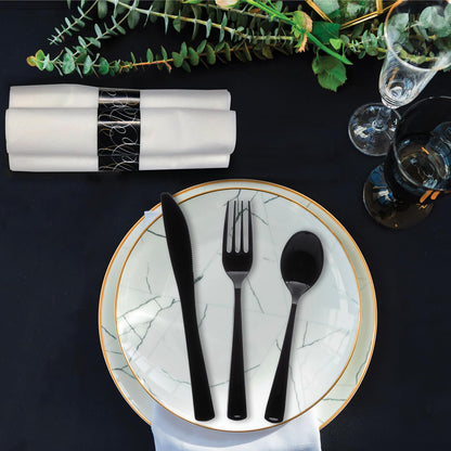 Party Essentials Pre-Rolled Disposable Extra Heavy Duty Plastic Cutlery Kit with Black Fork/Knife/Spoon and 3-Ply White Napkin (Case of 100 rolls)