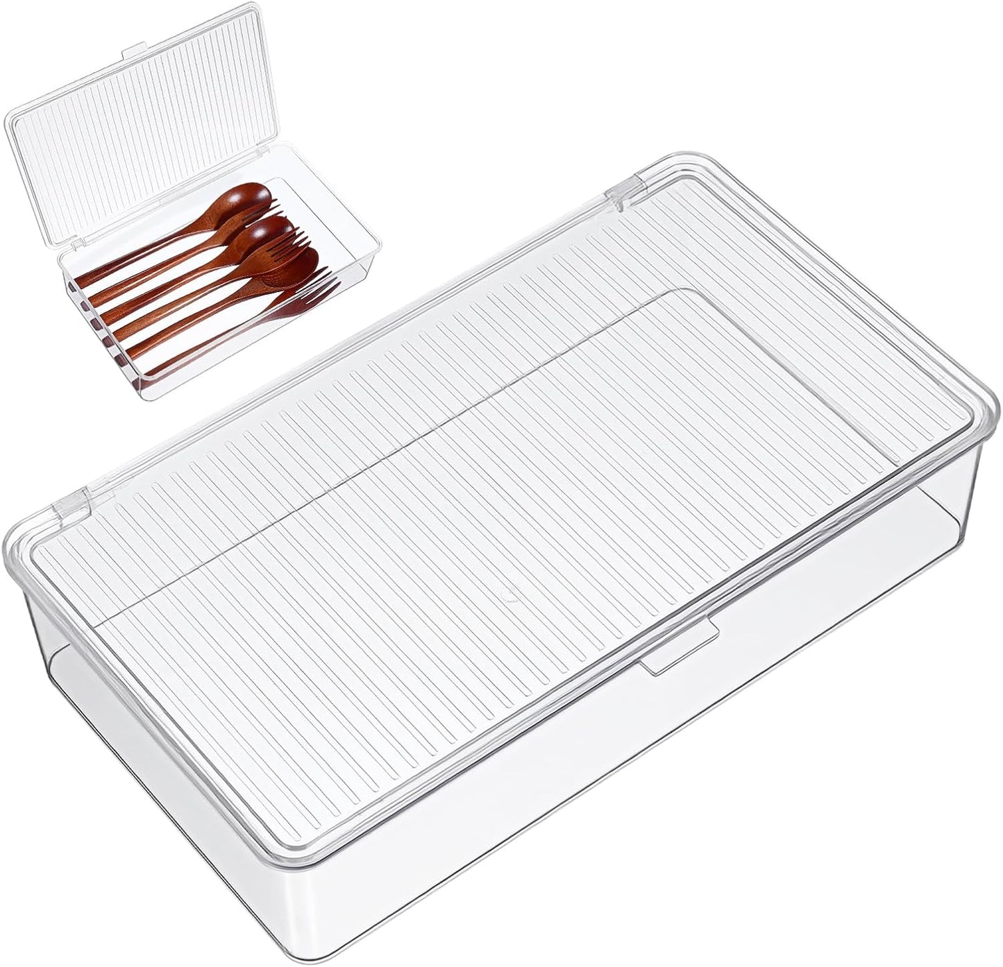 Clear Plastic Storage Bin with Lid, Small Silverware Organizer with Cover, Transparent Kitchen Utensil Drawer Tray for RV Countertop Flatware