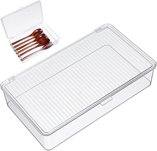 Clear Plastic Storage Bin with Lid, Small Silverware Organizer with Cover, Transparent Kitchen Utensil Drawer Tray for RV Countertop Flatware