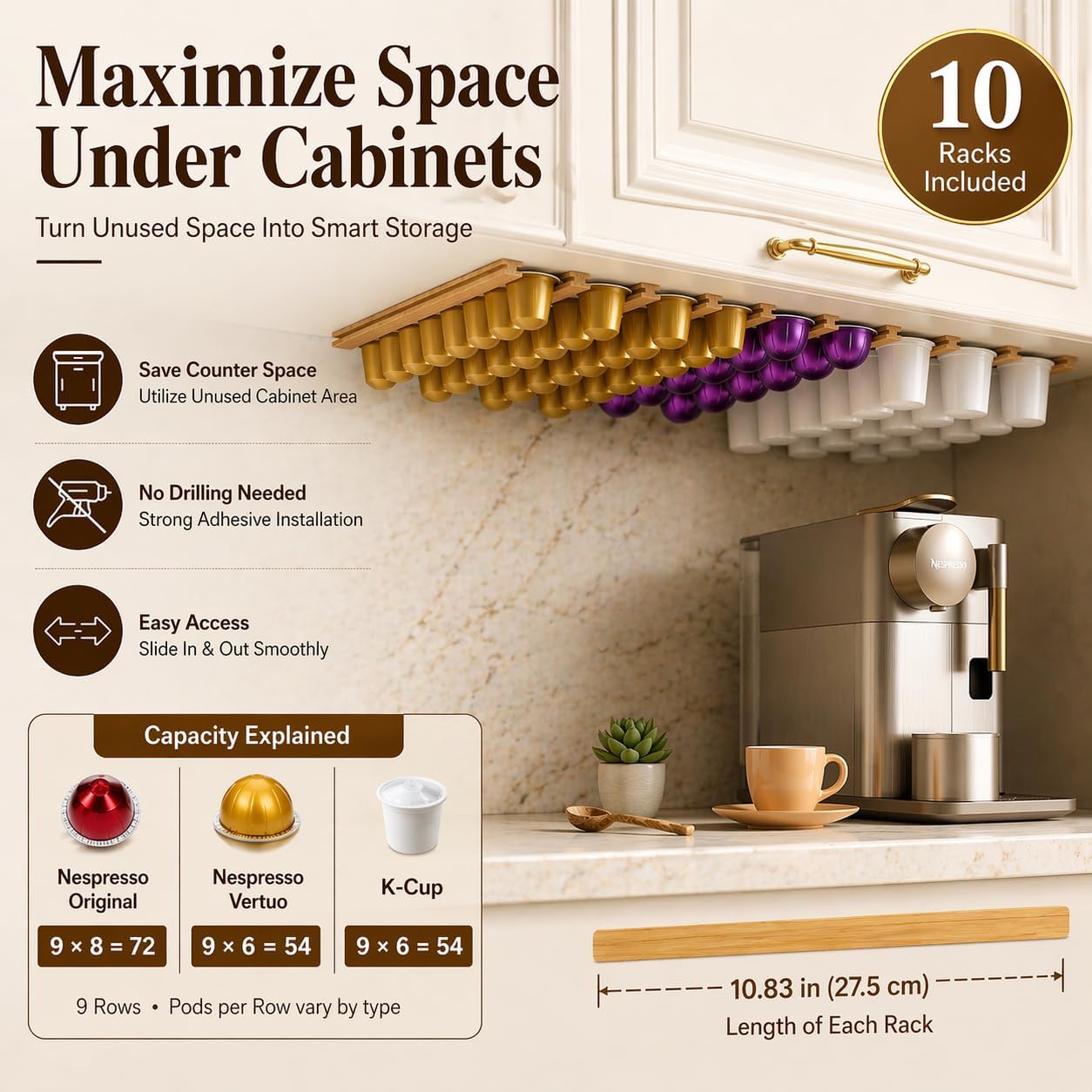 Coffee Pod Holder, Capsule Organizer for Counter,10-Pack Coffee Pods Storage/Organizers,Wall Mount with Adhesives,Coffee Station Fridge RV Kitchen-White