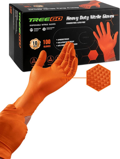 TREEGO Black Nitrile Gloves 10 Mil Heavy Duty Rubber Gloves - Raised Diamond Texture Grip for Mechanics & Industrial Work - Latex Free Disposable Gloves in Medium, 50 Count