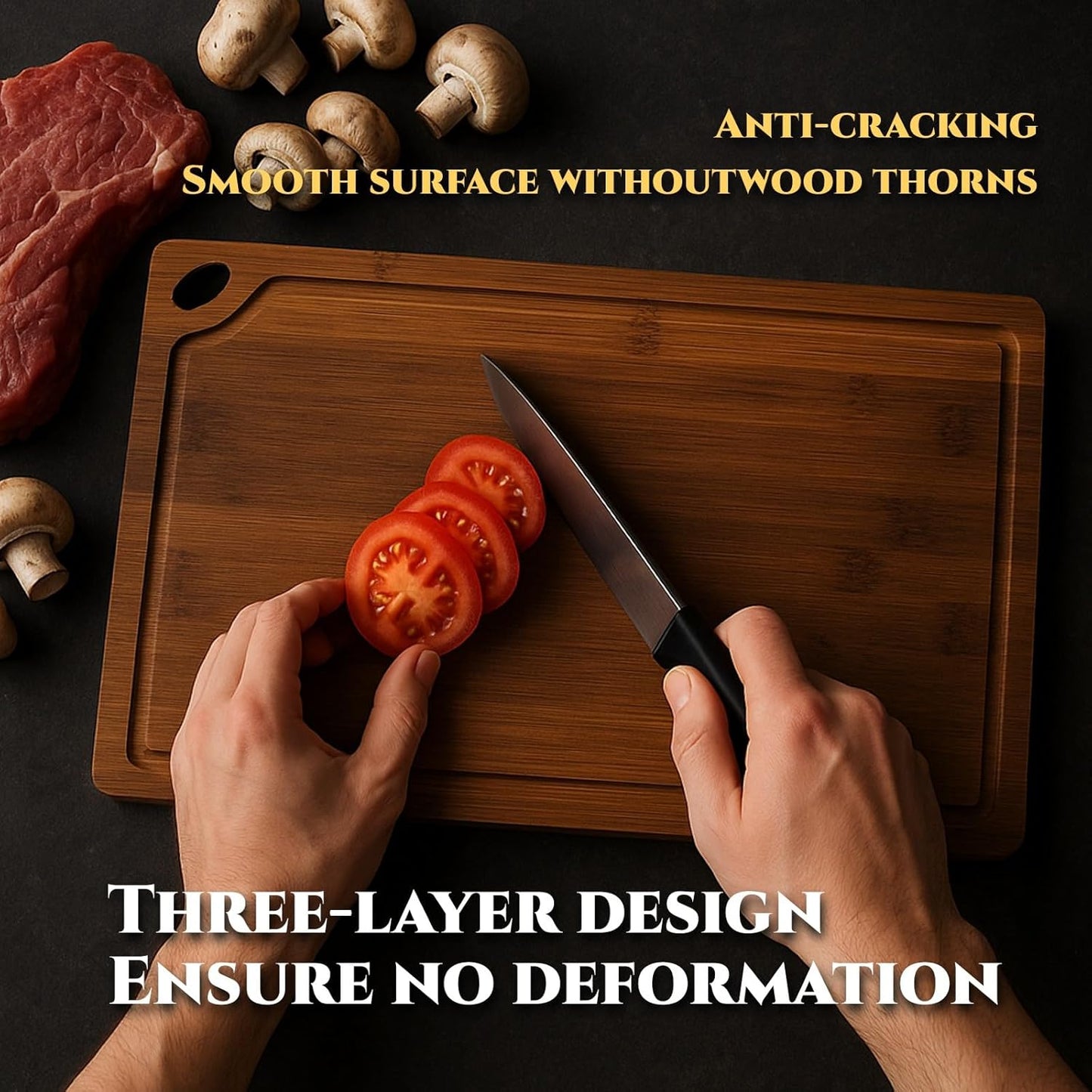 3-Piece Organic Bamboo Cutting Board Set for Kitchen - Carbonized Extra Sturdy Chopping Boards with Juice Grooves - Knife-Friendly Multi-Size (15", 12", 9") for Meat & Veggies - Housewarming Gift Box