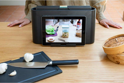 Brabantia Tasty+ Chopping Board Set with Integrated Phone & Tablet Holder Stand| 4 Piece Kitchen Cutting Boards with Organizer Case | Double-Sided | Non-Slip Wooden Look | Dark Gray