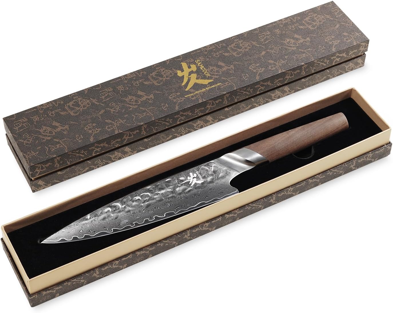 SAMCOOK Chef Knife,8 Inch Professional Sharp Hammered Damascus Knife,Japanese VG-10 High Carbon Stainless Steel Kitchen Gyuto knife,Ergonomic Black Walnut Handle with Premium Gift Box