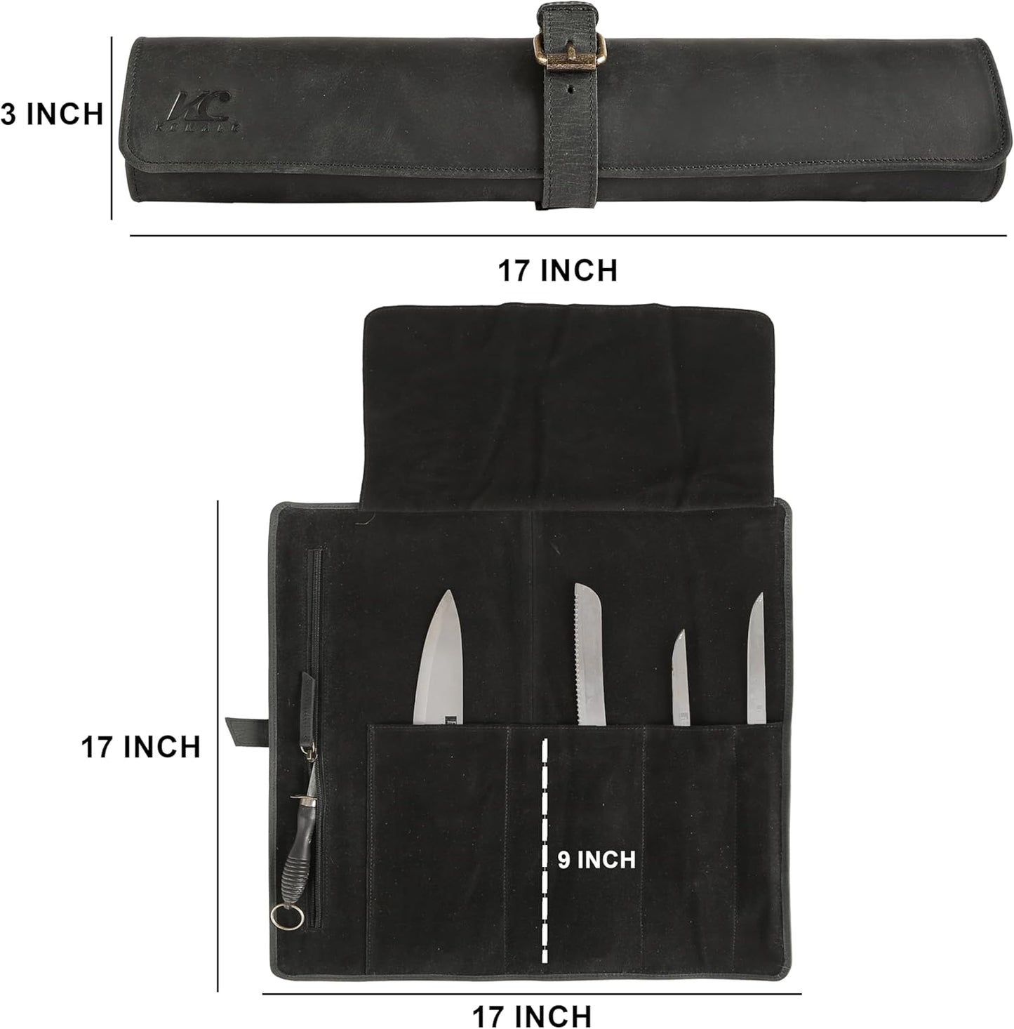 Leather Knife Roll Bag for Chefs – 17.5” x 17.5” Professional Chef Knife Storage Organizer, Portable Culinary Knife Case, Travel Knife Roll for Kitchen, BBQ & Catering