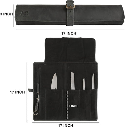 Leather Knife Roll Bag for Chefs – 17.5” x 17.5” Professional Chef Knife Storage Organizer, Portable Culinary Knife Case, Travel Knife Roll for Kitchen, BBQ & Catering