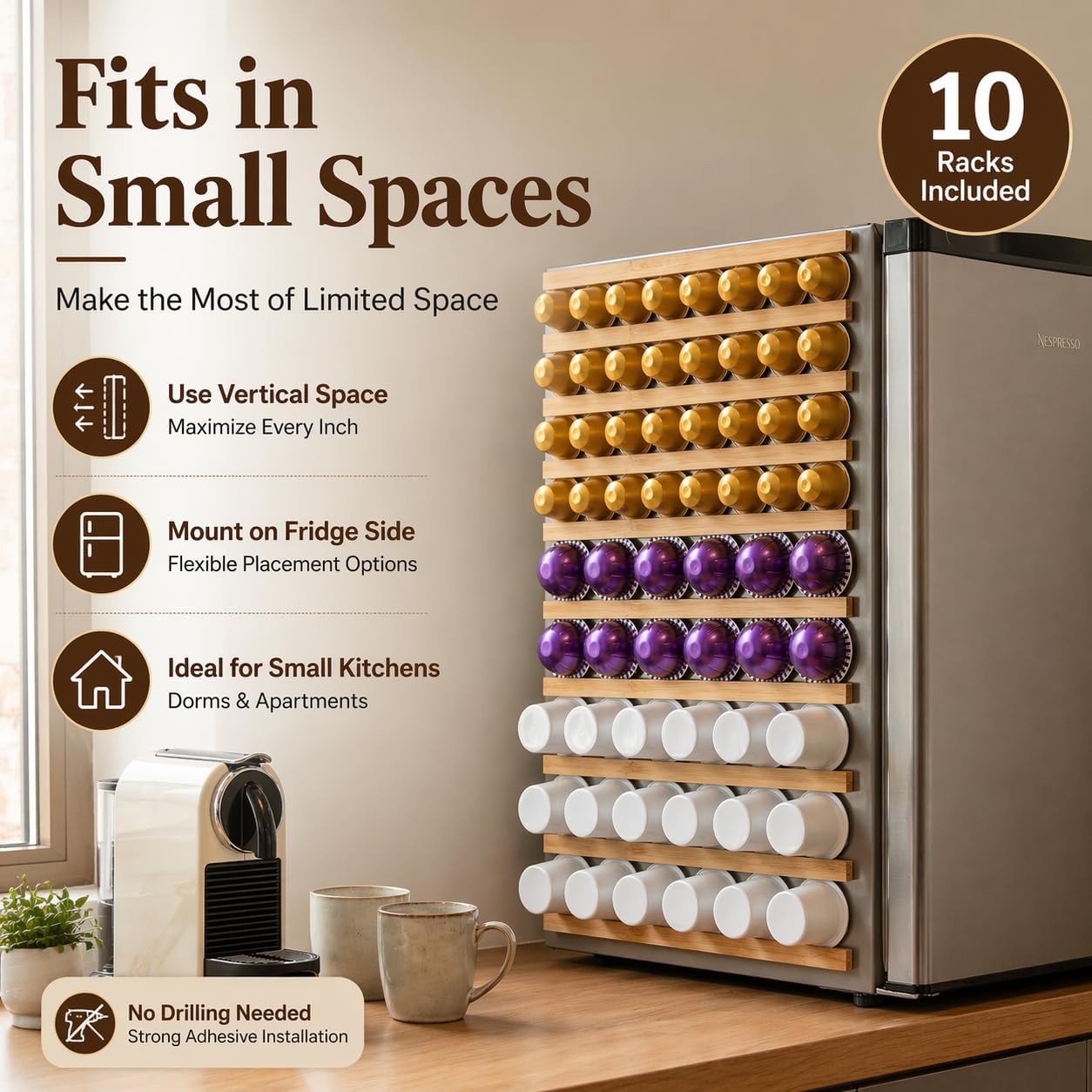 Coffee Pod Holder, Capsule Organizer for Counter,10-Pack Coffee Pods Storage/Organizers,Wall Mount with Adhesives,Coffee Station Fridge RV Kitchen-White