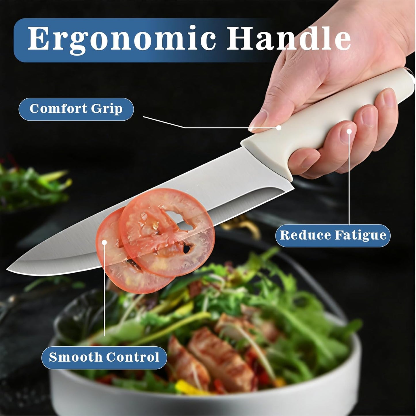 Knife Set, 15 Piece Knife Block Set with Built-in Sharpener, Dishwasher Safe, Rust Resistant, Ergonomic Handle, Stainless Steel White