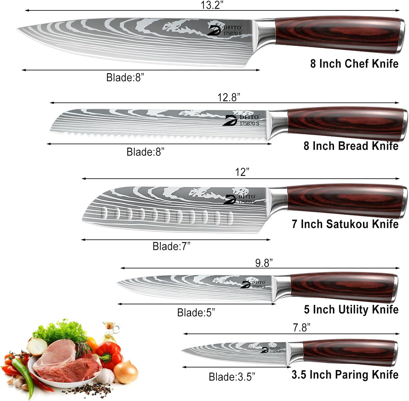 Dfito Kitchen Knife Set, 3 Pieces High Carbon Stainless Steel Chef Knife Set with Red Pakkawood Handle, Ultra Sharp Professional Chef Knives Sets for Home Cooking, Dishwasher Safe