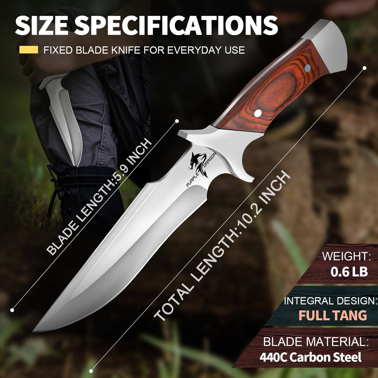 Purple Dragon Camping Fixed Blade Knife with Sheath,6 Inch Outdoor Knife Full Tang 440C Steel Bushcraft Knives with Redwood Handle-Outdoor Gear Christmas Gift for Men and Women Black