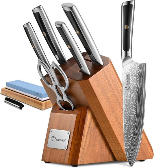Sunnecko Damascus Knife Set with Block,67-Layer Damascus Steel Kitchen Knife Set with VG-10 Core,Full Tang 7 PCS Japanese Chef Knives with 15° Precision Edge,Professional Chef Knife Set for Kitchen