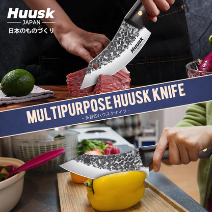 Huusk Hand Forged Chef Knife Set, High Carbon Steel Butcher Knife Set, Japanese Kitchen Knives for Home, Outdoor BBQ Camping Cooking, Gift Idea for Men