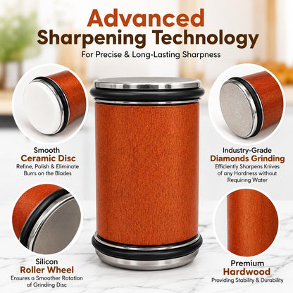Rolling Knife Sharpener with Leather Strop - Knife Sharpening with Industry Diamonds and Ceramic Discs - Knife Sharpener Kit - Knife Sharpener Kit with 15 & 20 Degree Sharpening