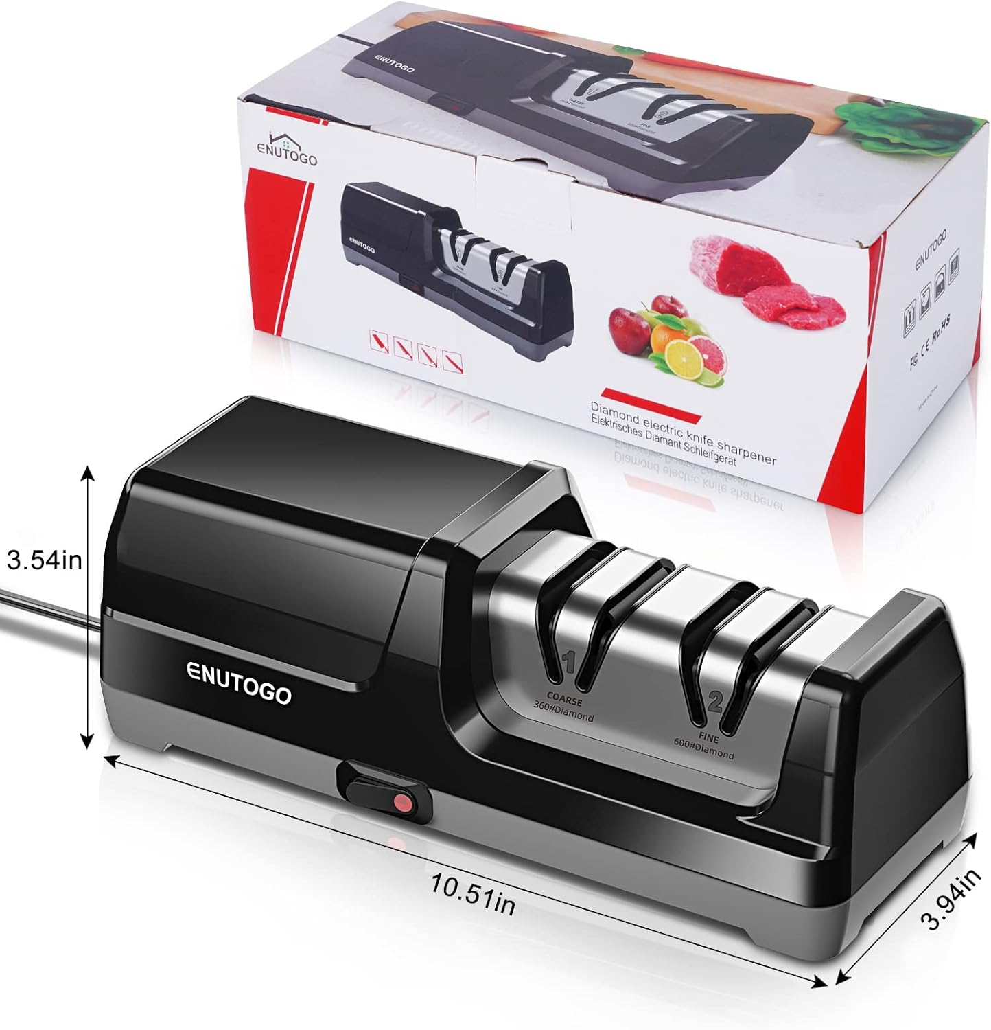 Enutogo Knife Sharpener, Professional 2-Stages Eleltric Knife Sharpeners with Diamond Abrasives for 20-Degree Straight Edge, Knife Sharpener for Kitchen Knives with Sharpening and Polishing