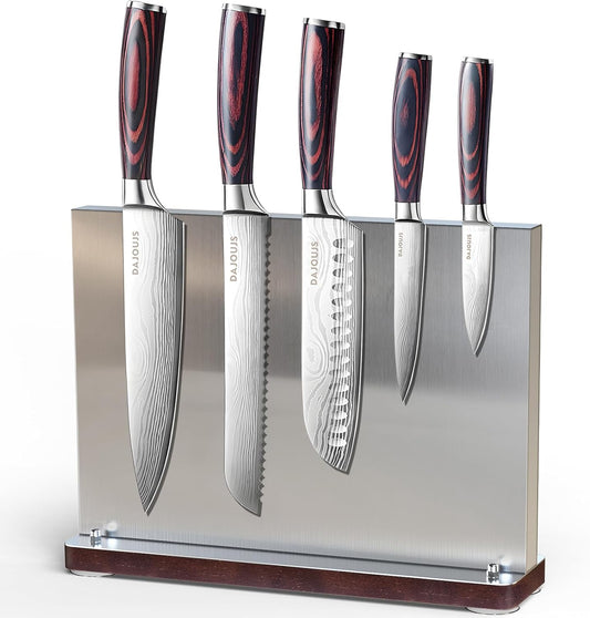 Magnetic Knife Block Stand Without Knives Double Sided Magnetic Knife Holder Rack for Kitchen Counter Stainless Steel Knife Magnetic Strip Display Stand Storage Organizer with Wood Base